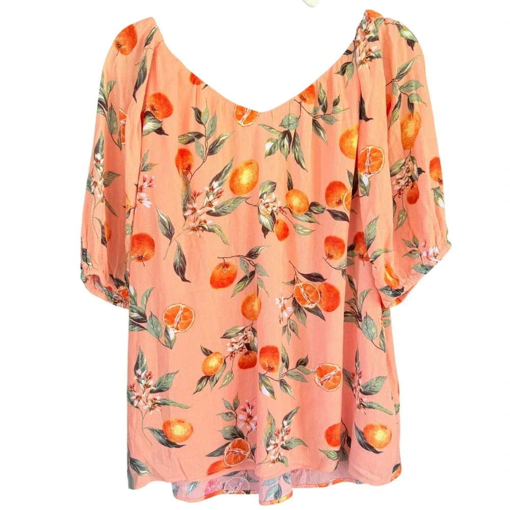 C3‎ LOFT Orange Citrus Fruit Print V-Neck Puff Sleeve Blouse Peach Large